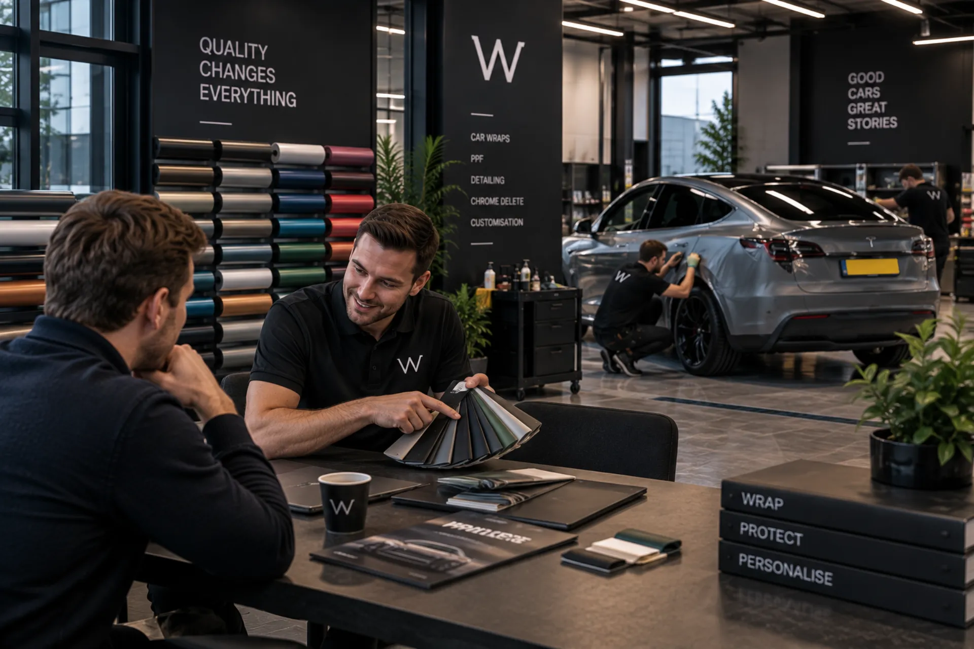 Klantadvies over foliekleuren in de showroom