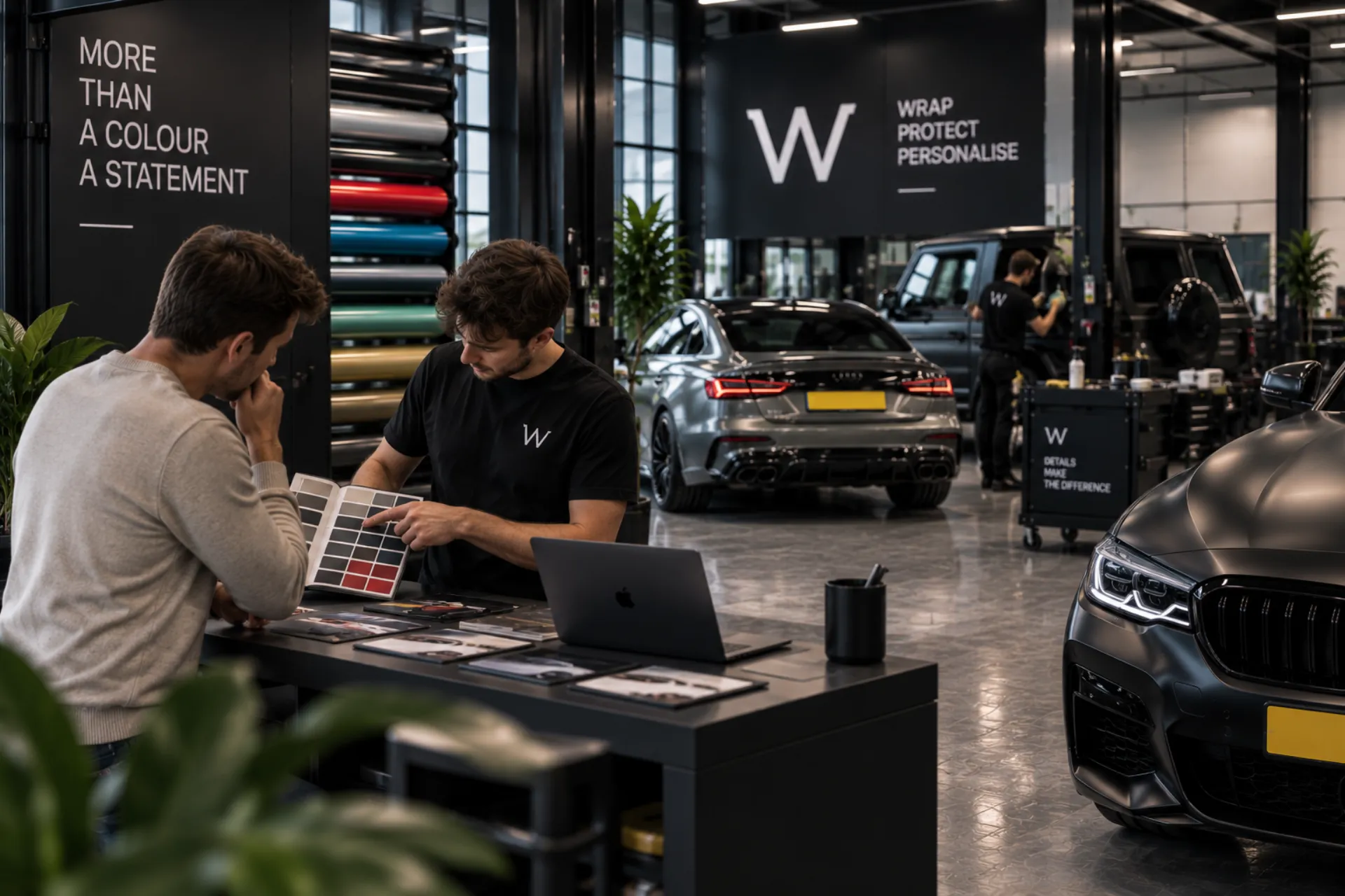 Kleurstalen bekijken bij een BMW in de showroom