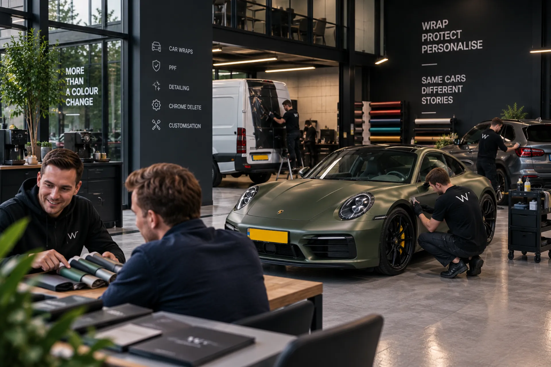 Klantadvies bij een groene Porsche 911 in de showroom