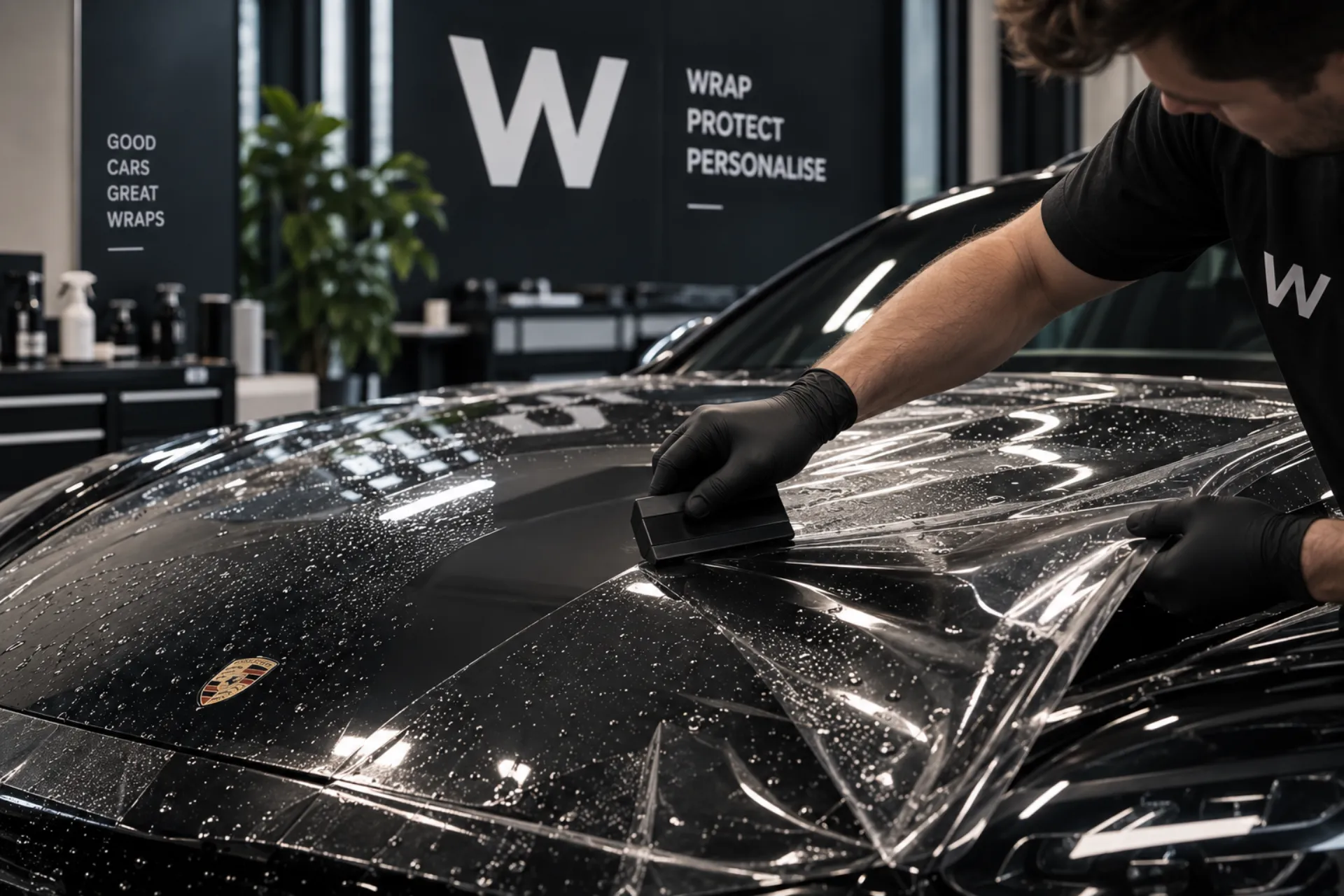 PPF beschermfolie wordt aangebracht op een Porsche motorkap