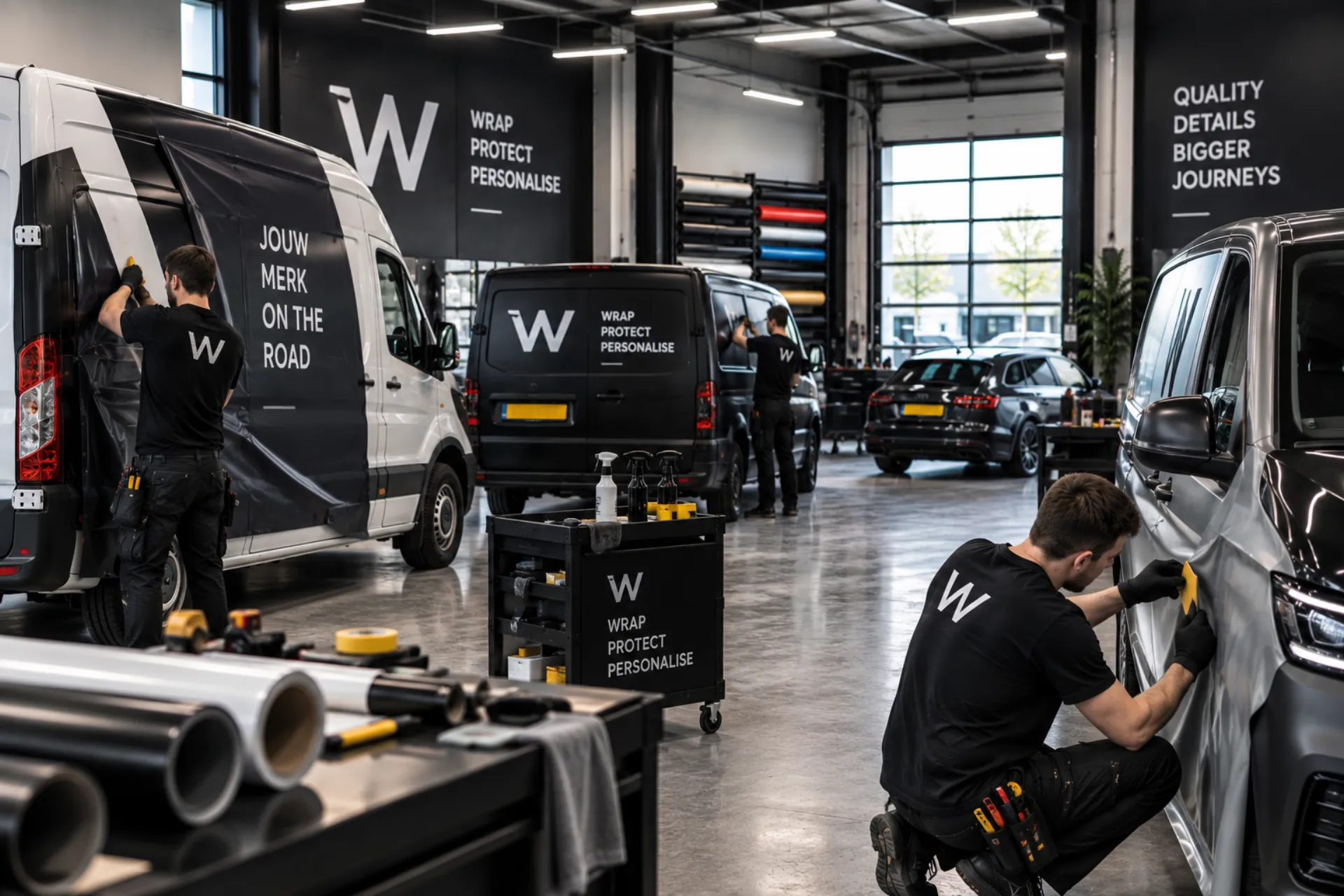 Drukke werkplaats met fleet belettering