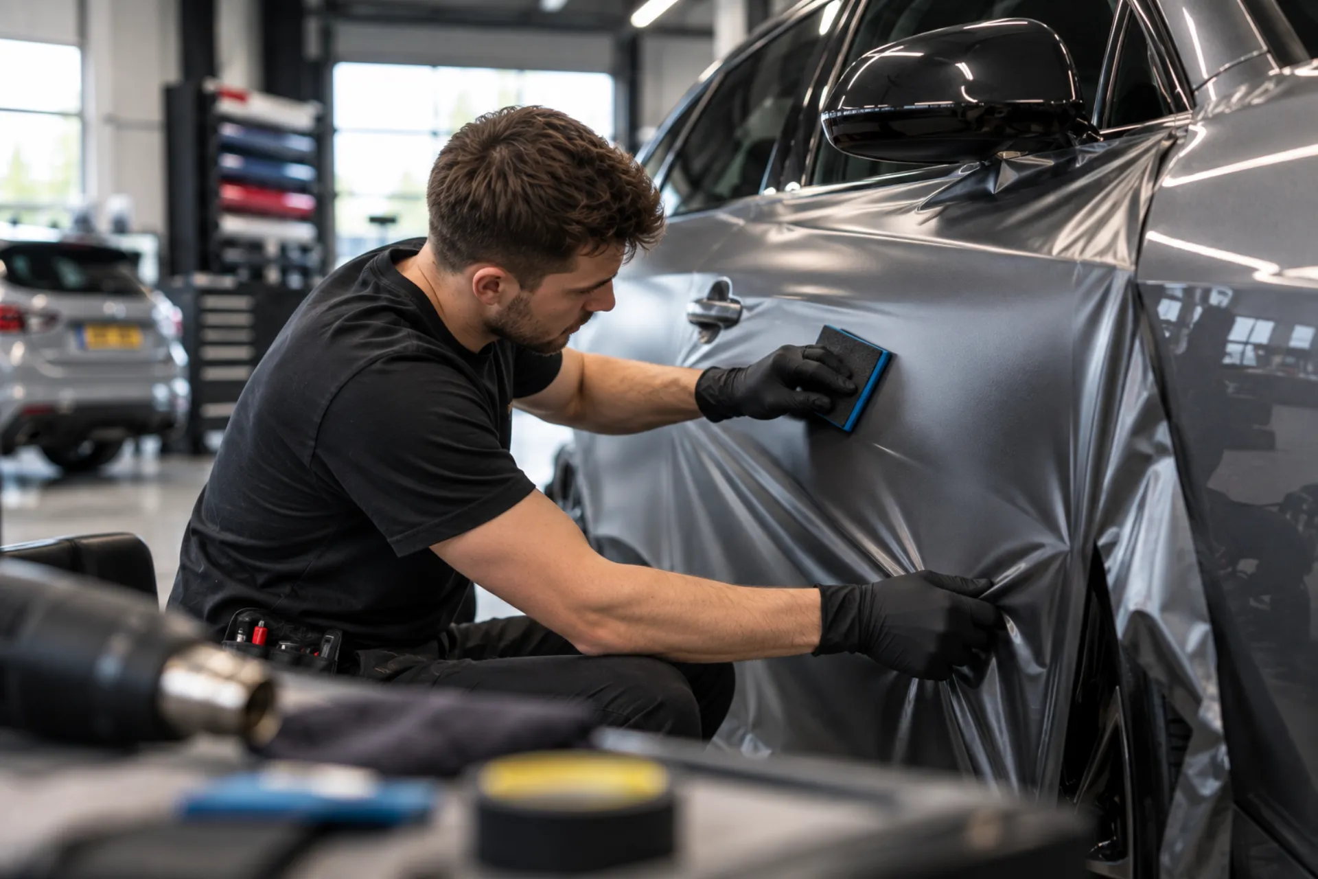 Close-up van het aanbrengen van wrapfolie op een auto