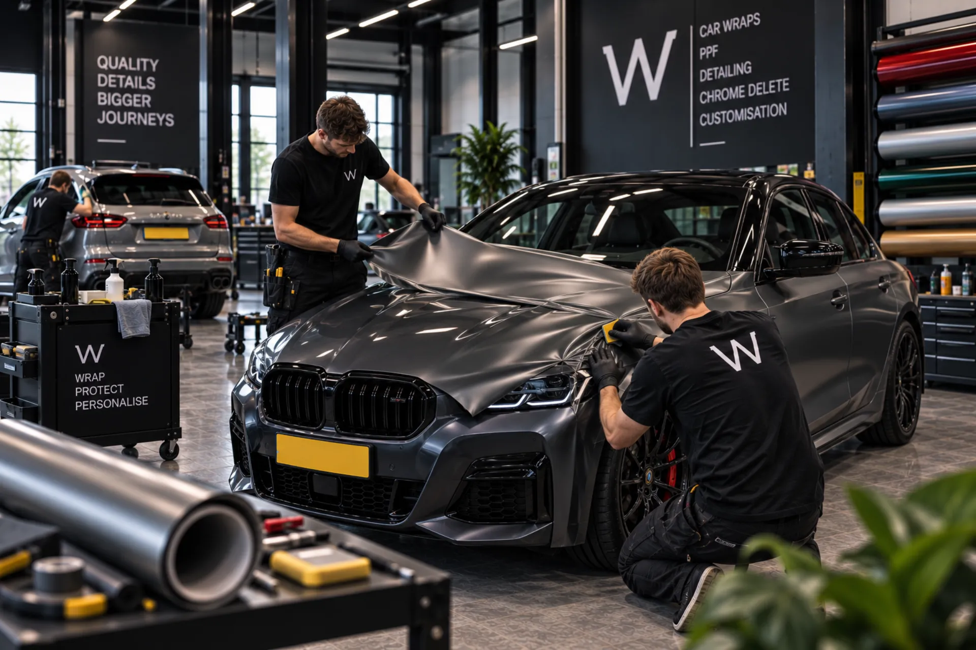 BMW M-serie wordt grijs gewrapt in de werkplaats