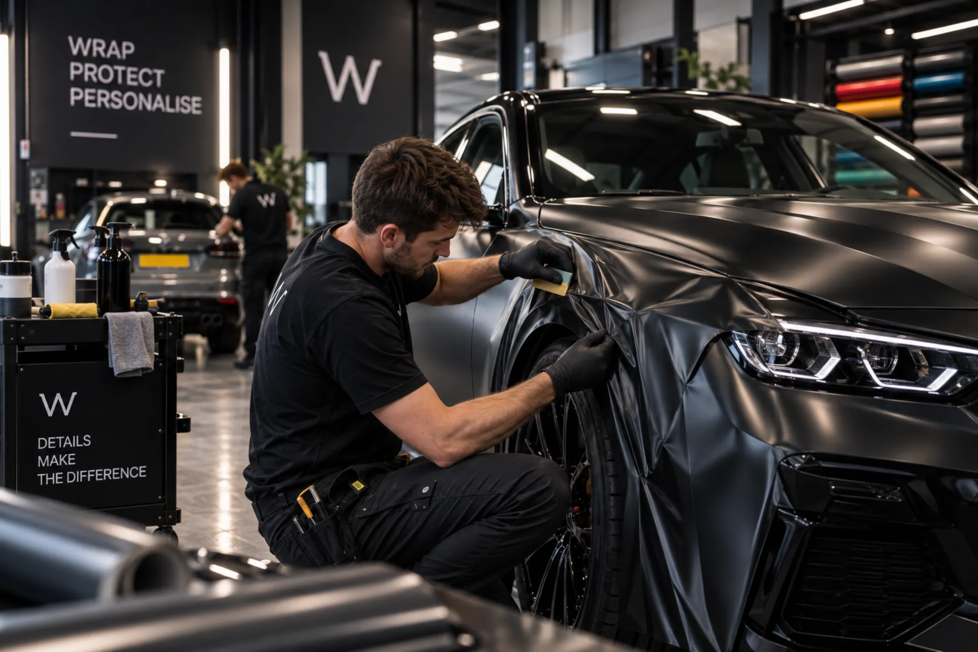 BMW M4 in zwarte wrap in de werkplaats