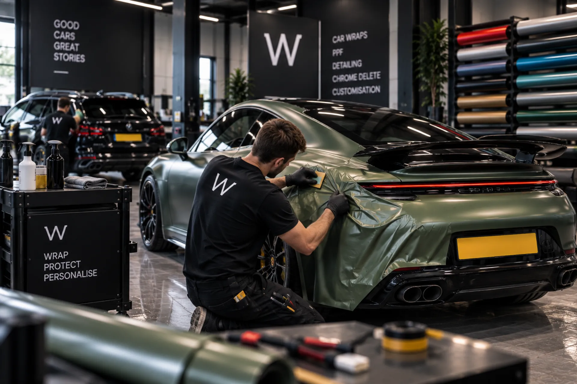 Achterkant van een groene Porsche 911 wrap