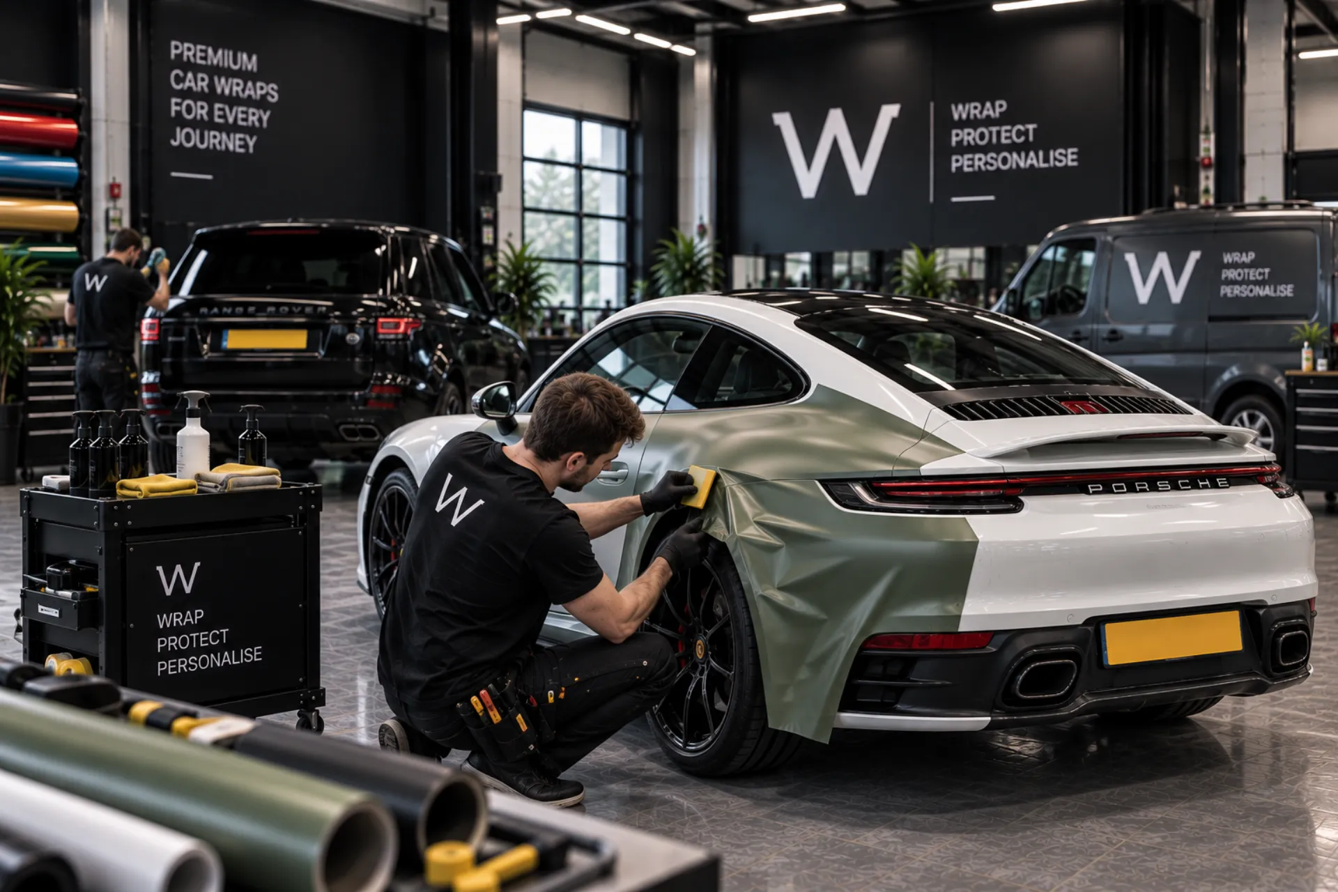 Porsche 911 wordt groen gewrapt in de werkplaats