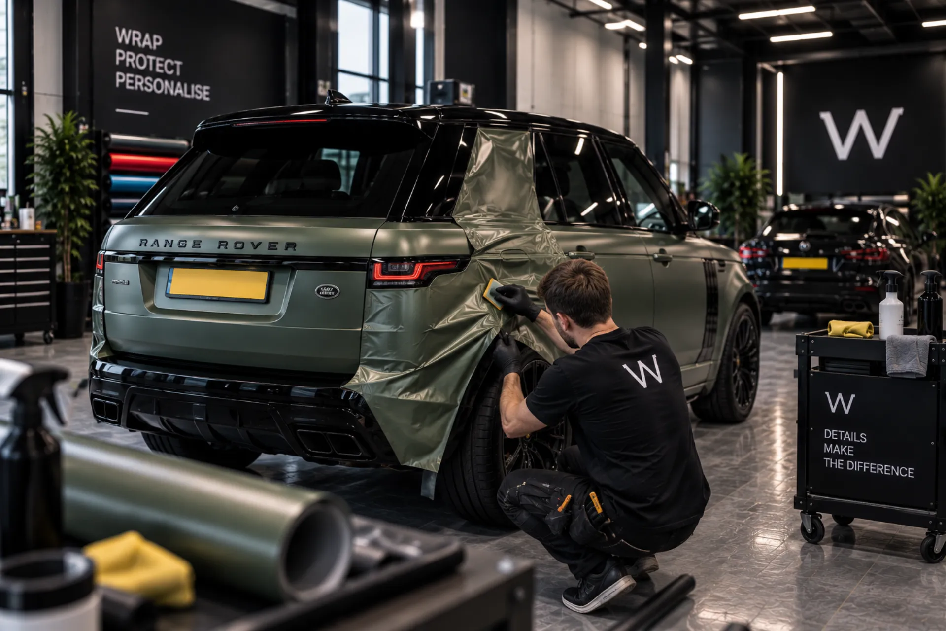 Achterkant van een groene Range Rover wrap