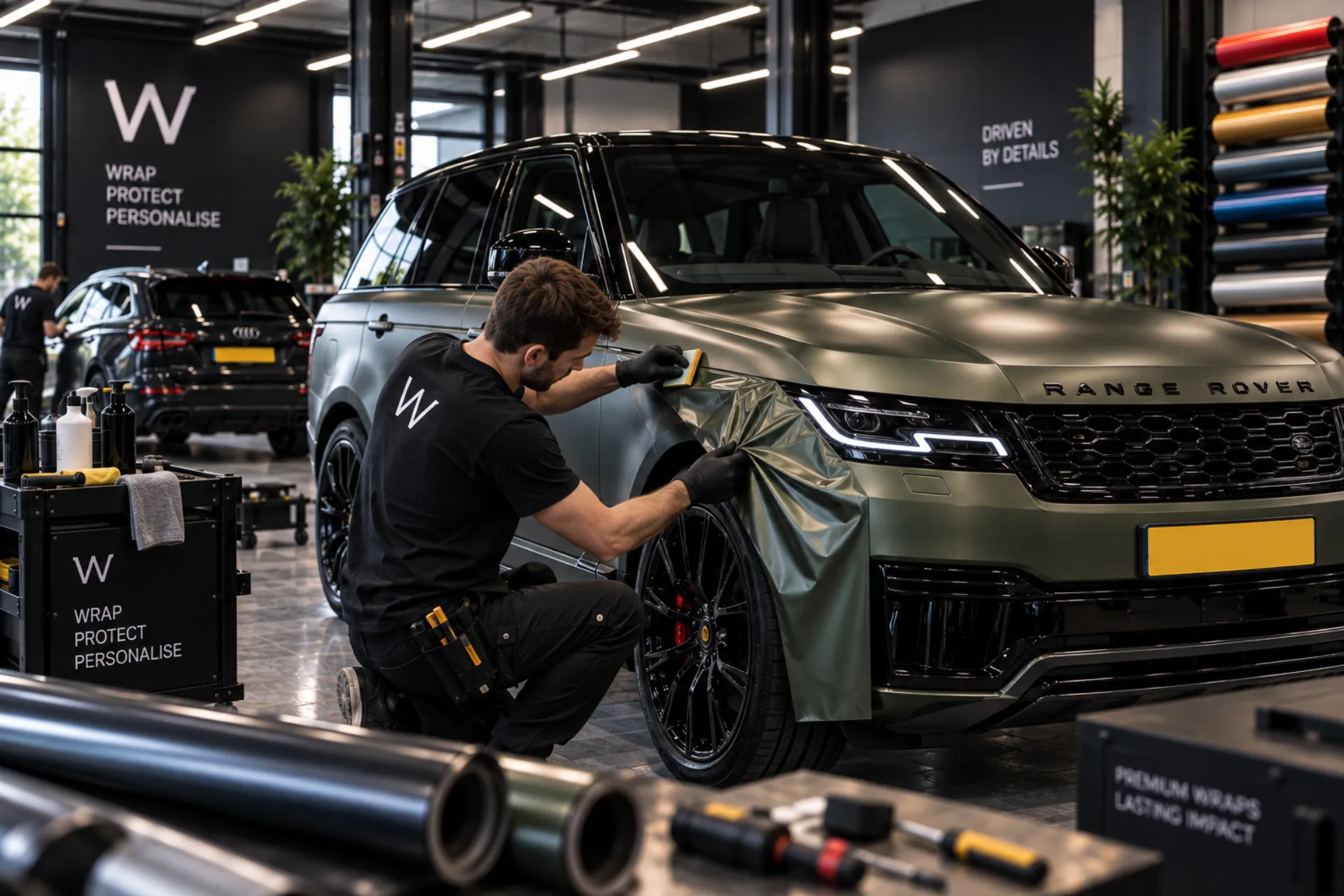 Range Rover wordt groen gewrapt in de werkplaats