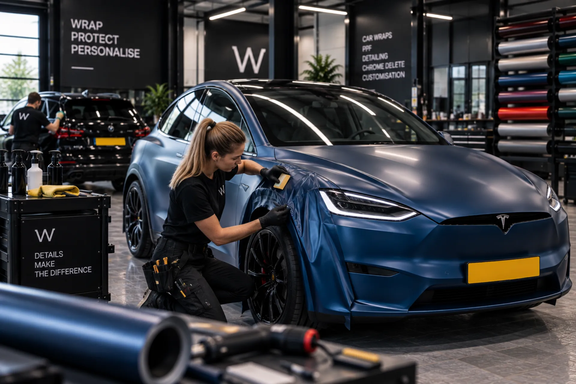 Tesla Model X met blauwe wrap