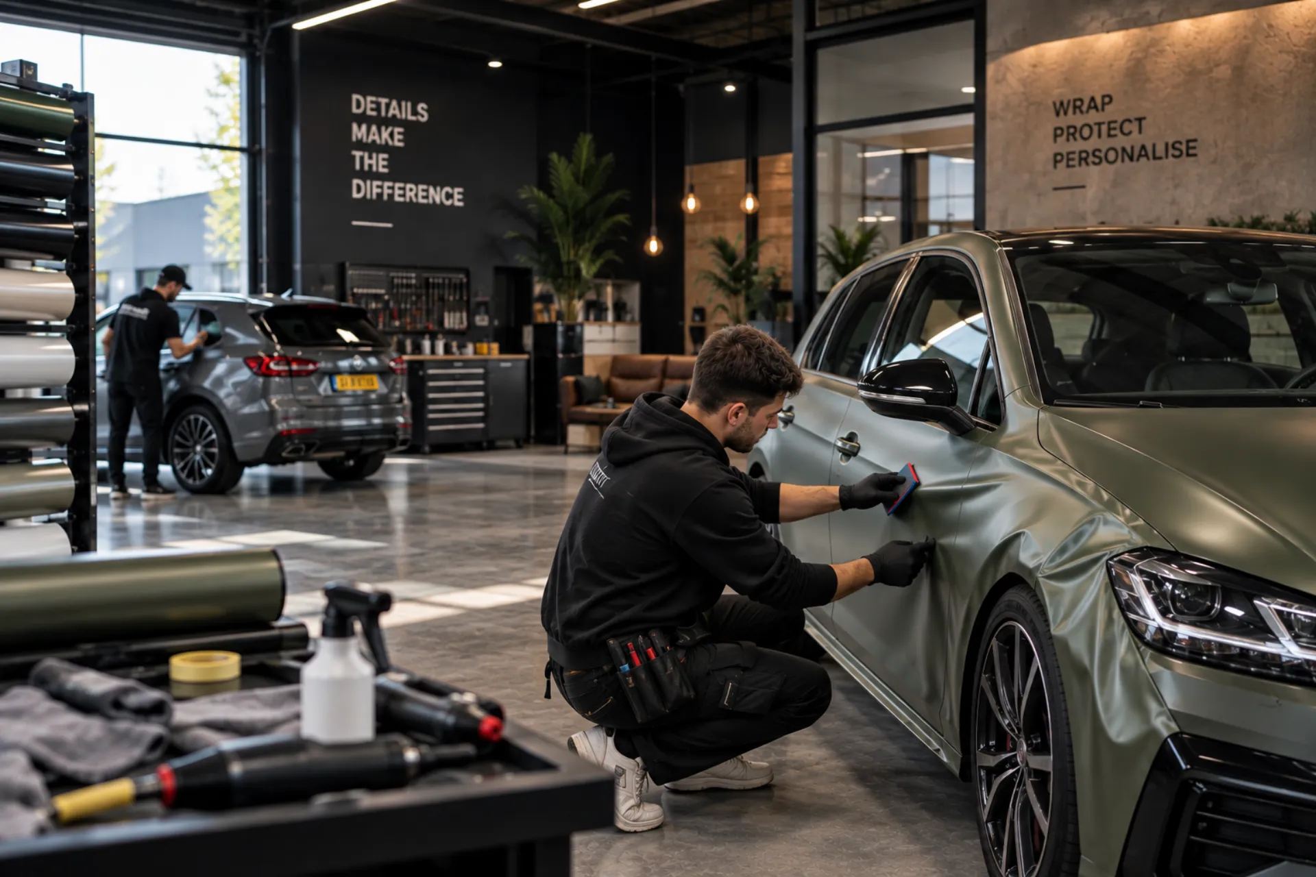 Volkswagen Arteon wordt groen gewrapt in de werkplaats