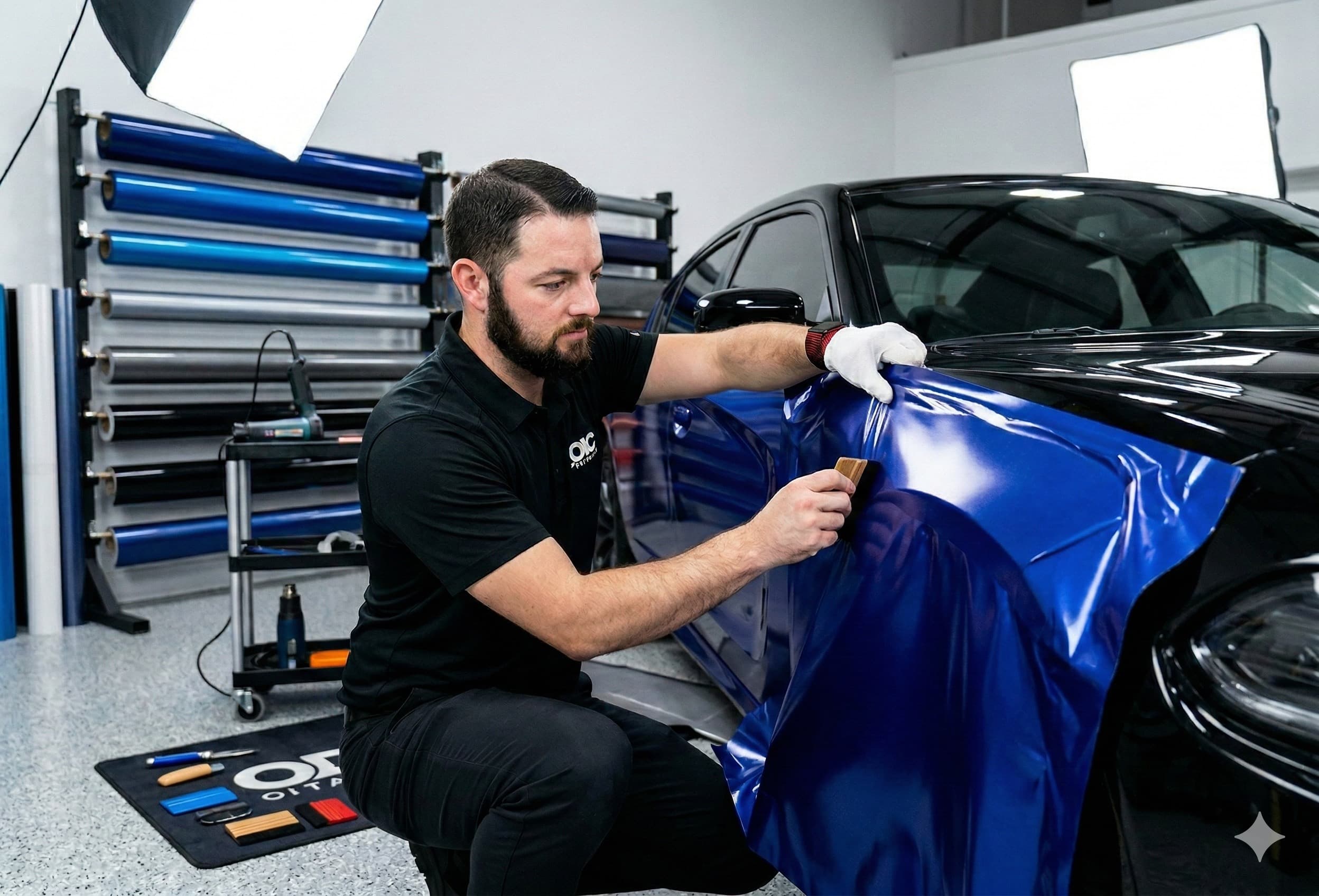 Professioneel autowrappen — medewerker legt blauwe folie aan op voertuig