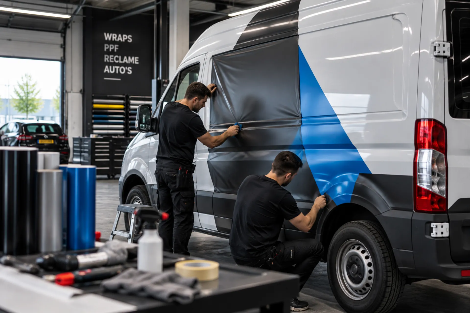 Blauwe bestelwagen met reclame belettering