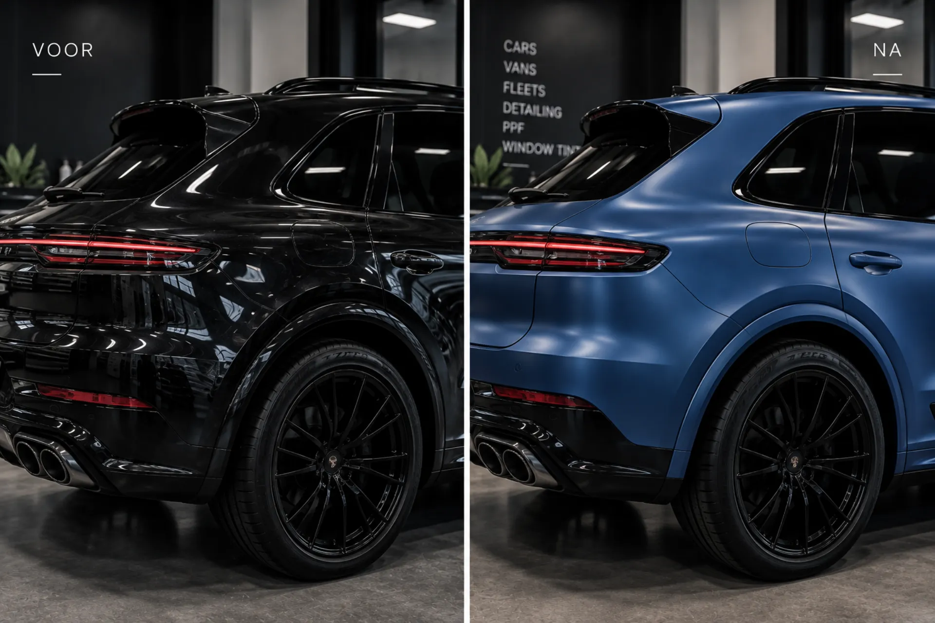 Porsche Cayenne voor en na het wrappen in satin blauw
