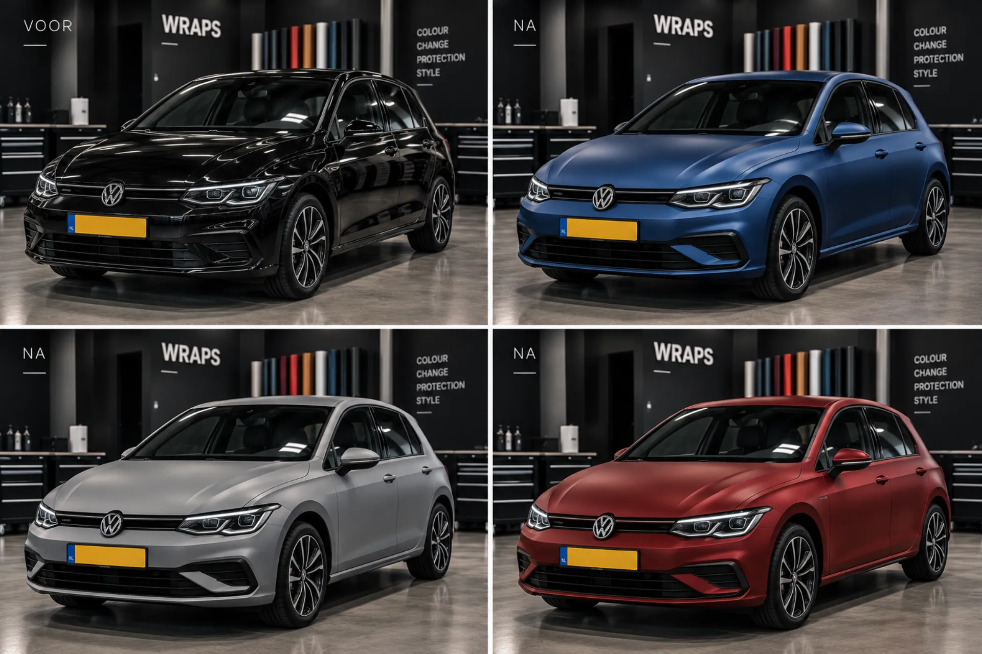 VW Golf 8 met een opvallende kleurwrap in vier kleuren — een voorbeeld van hoe kameleon folie er in het echt uitziet