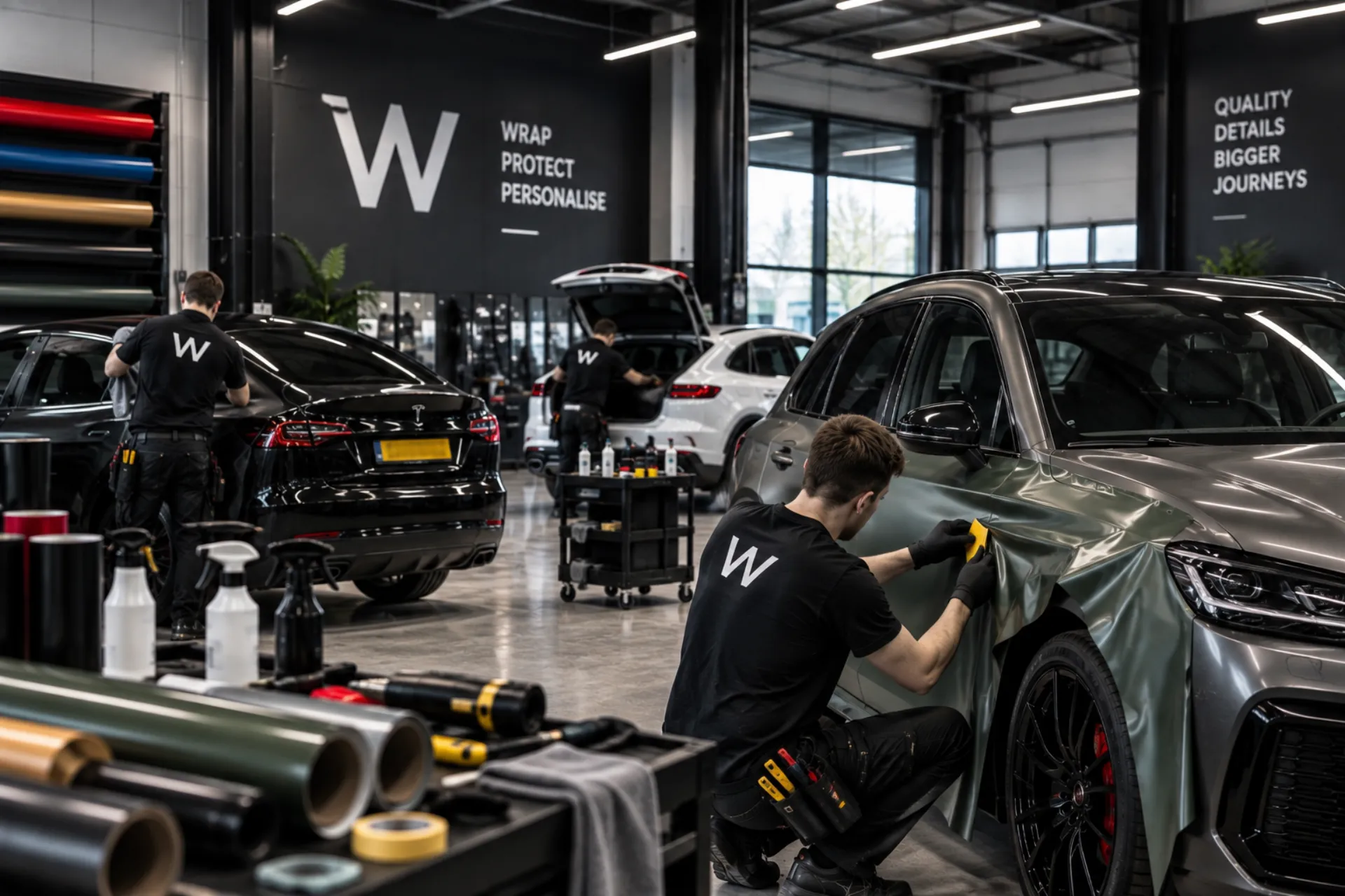 Professionele werkplaats in de regio Amsterdam met meerdere auto's klaar voor wrapping