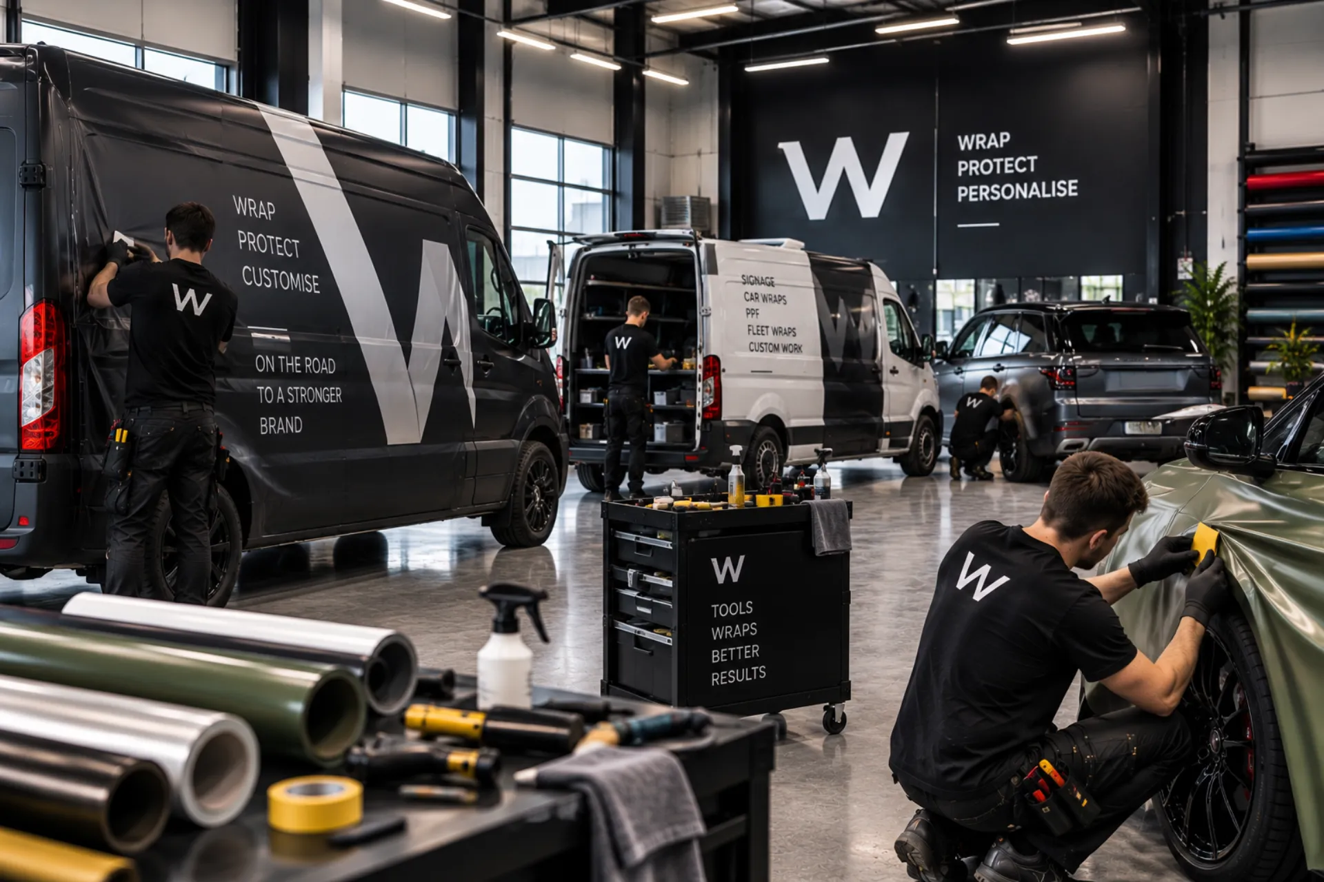 Werkplaats met bus en auto wrapping