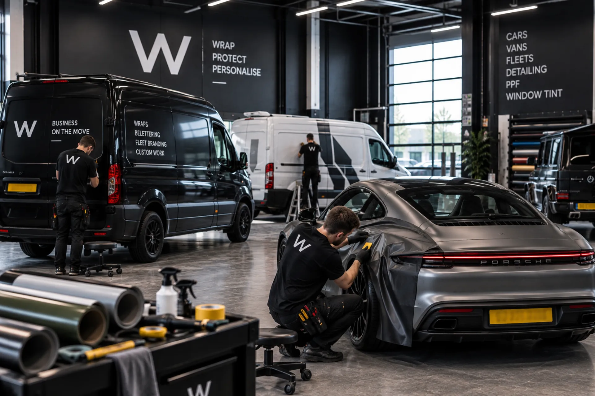 Werkplaats met fleet wrap en Porsche wrapping