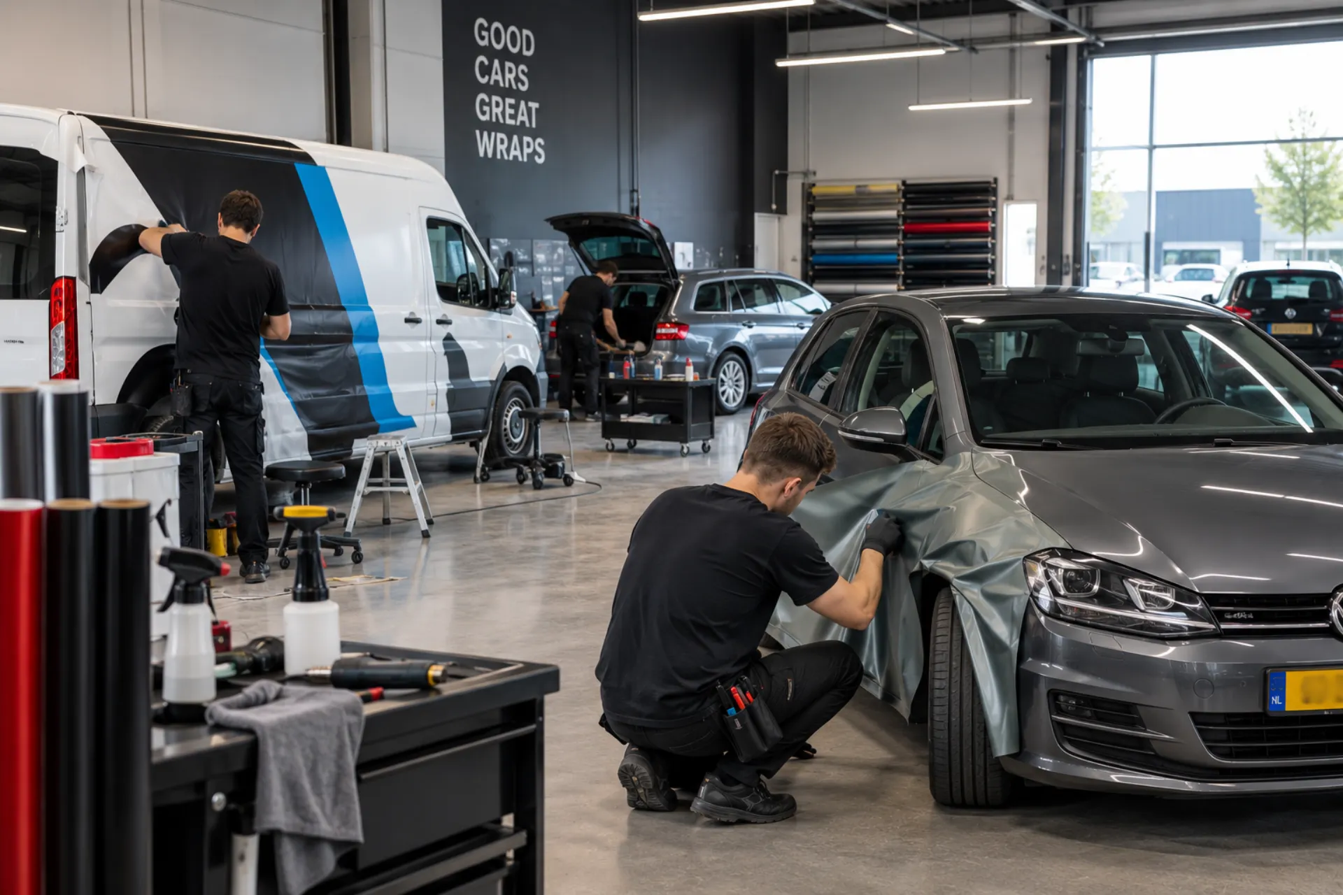Wrapwerkplaats in Rotterdam met bestelwagen en VW Golf in behandeling