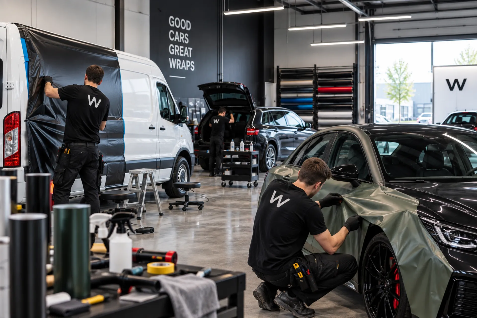 Werkplaatsoverzicht met bestelwagen wrapping