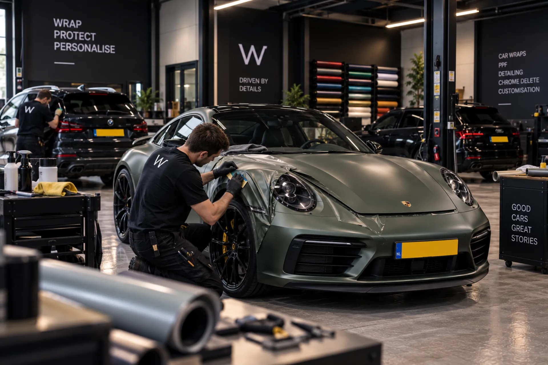 Vooraanzicht van een groene Porsche 911 wrap